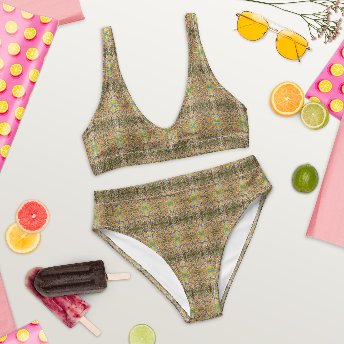 Bikini ecosostenibile a vita alta con stampa all over