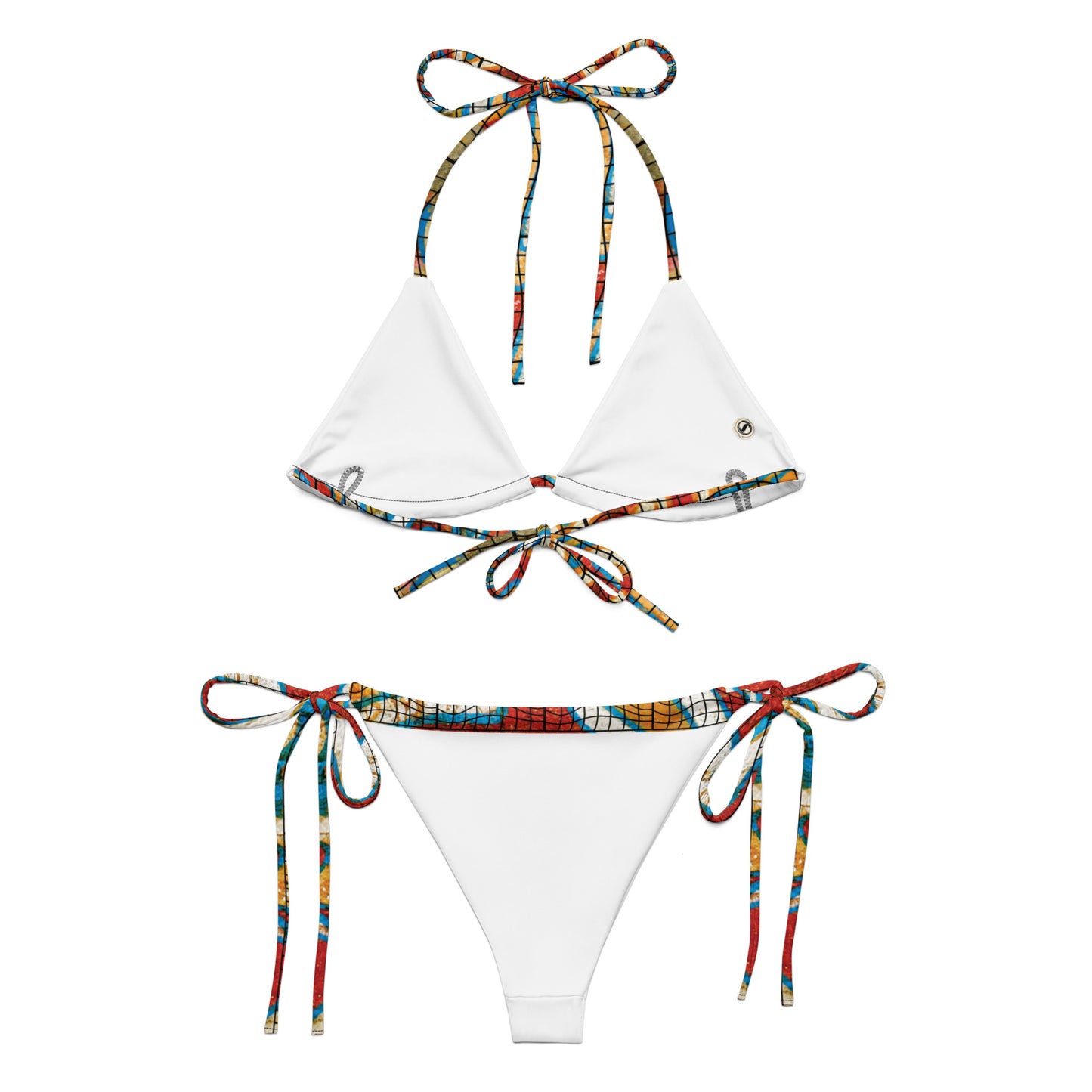 UrbanBikini in tessuto riciclato con lacci e stampa all over