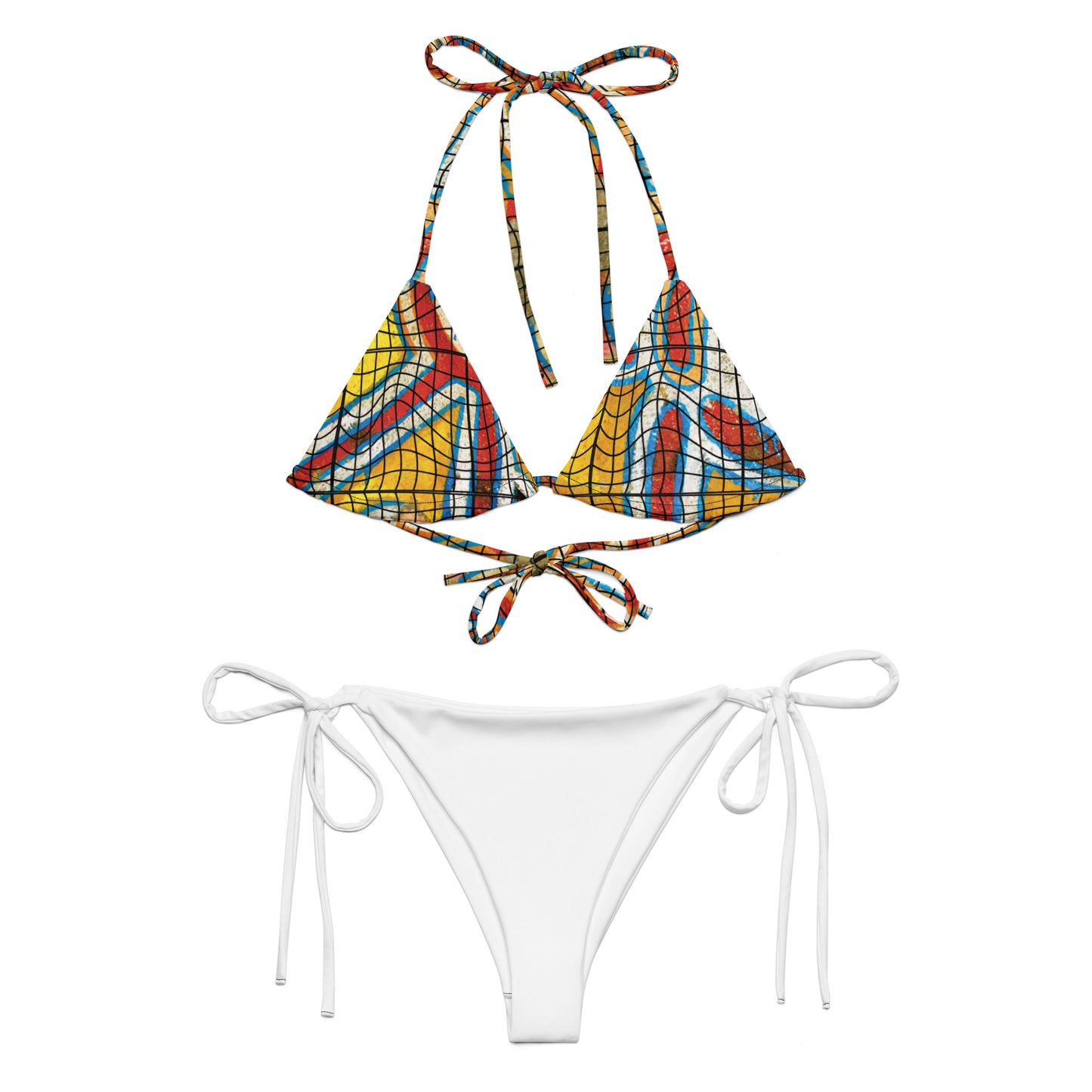 Afrosbikini | Bikini in tessuto riciclato con lacci e stampa all over