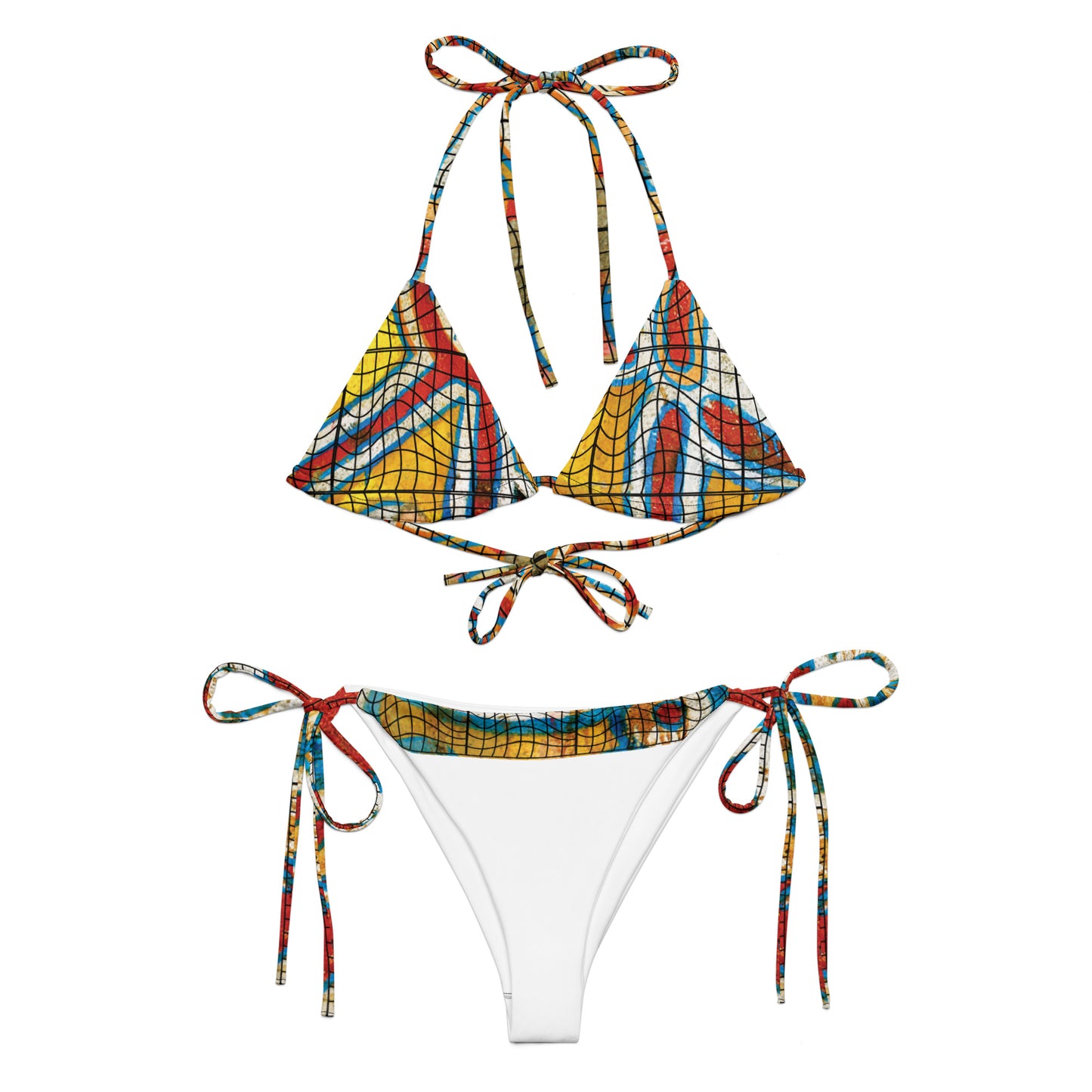 UrbanBikini in tessuto riciclato con lacci e stampa all over